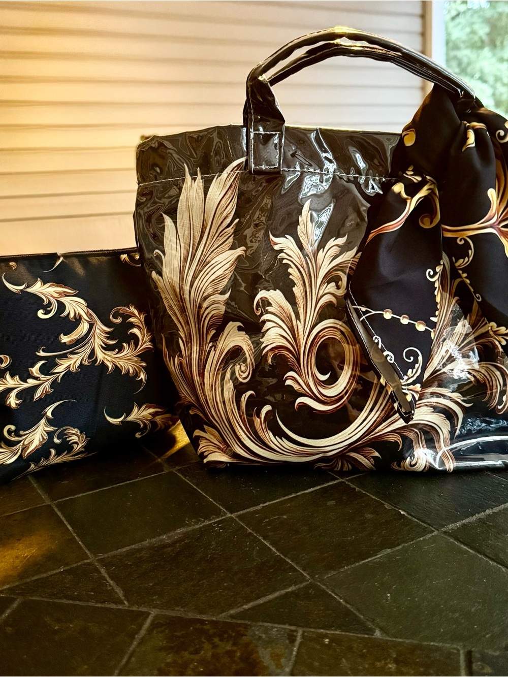 New For Fall - Black & gold baroque handbag with matching cosmetic bag & scarf.